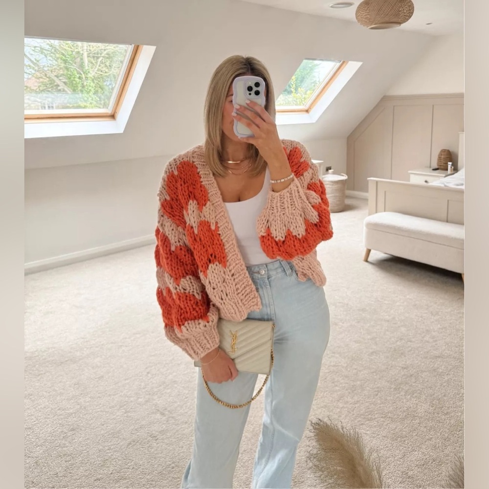 Chunky Knit Chevron Cardigan - Peach & Coral